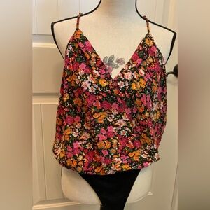 Pleione Floral Bodysuit w/ Adjustable Straps + ultra thin black bottom - Sz S